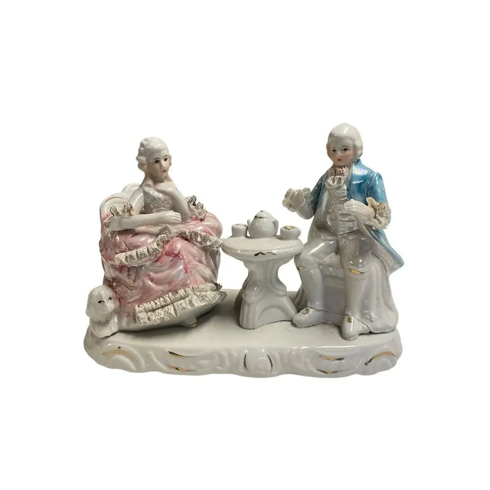 Porcelain Colonial Man & Woman Tea Time Spaghetti Lace &‎ Poodle Figurine